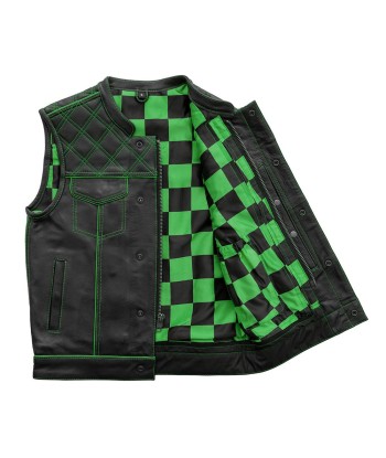 Finish Line - Green Checker - Men's Motorcycle Leather Vest à prix réduit toute l'année