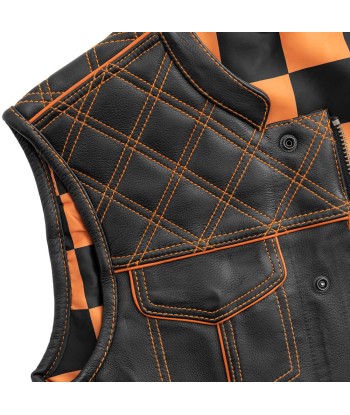 Finish Line - Orange Checker - Men's Motorcycle Leather Vest français