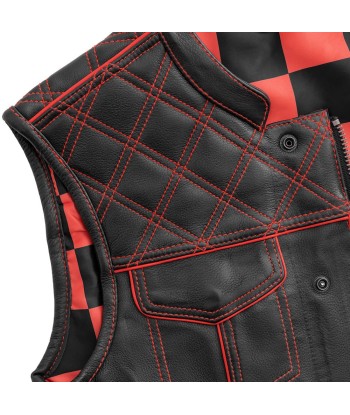 Finish Line - Red Checker - Men's Motorcycle Leather Vest la colonne vertébrale